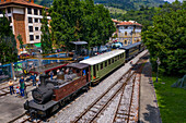 Aerial view Azpeitia old steam train car in the Basque Railway Museum one of the most important of its kind in Europe. Railway history of Euskadi in Azpeitia, Gipuzkoa, Euskadi, Basque country, Spain.