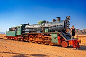 Preserved steam locomotive on the Hijaz Railway, near Wadi Rum, Jordan.