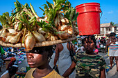 Local market and houses in the historic colonial old town, Jacmel city center, Haiti, West Indies, Caribbean, Central America