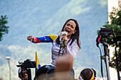 The leader of the opposition Maria Corina Machado, appears at the rally of the opposition called by her, in the streets of Caracas.