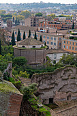 Church of San Teodoro al Palatino at the edge of the ruins of the Roman Forum in Rome, Italy. Ruins of the Forum are in the foreground.