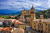 Aerial view of Church of Our Lady of the Assumption and Hermitage of the Holy Christ, Labastida, Rioja Alavesa , Araba, Basque Country, Spain. Iglesia de Nuestra Señora de la Asunción y Ermita del Santo Cristo, Labastida, Rioja Alavesa , Alava, País Vasco, Spain.