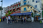 Tourists and shops on the waterfront street of Marina Grande on the island of Capri, Italy.