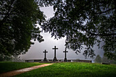 Lookout of the three crosses and the sanctuary of Saint Anthony of Urkiola in the heart of the Urkiola Natural Park in the Basque Country, Spain