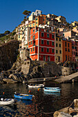 Colorful buildings overlooking the harbor in Riomaggiore, Cinque Terre, Italy.