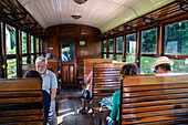 Alter Dampfzugwagen von Azpeitia im Baskischen Eisenbahnmuseum, einem der bedeutendsten seiner Art in Europa. Eisenbahngeschichte von Euskadi in Azpeitia, Gipuzkoa, Euskadi, Baskenland, Spanien.