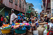 Local market and houses in the historic colonial old town, Jacmel city center, Haiti, West Indies, Caribbean, Central America