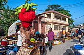 Local market and houses in the historic colonial old town, Jacmel city center, Haiti, West Indies, Caribbean, Central America