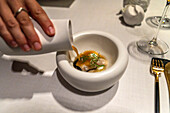 Oyster and porrusalda in the Sukaldean Restaurant of Aitor Santamaria renowned Michelin starry chef in San Sebastian Donostia Historic centre. Guipuzcoa. Basque Country. Spain. Europe