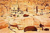 Street of Facades, Tombs of Petra, Jordan. The Corinthian Tomb and the Palace Tomb of the Royal Tombs in the rock city of Petra. The Urn Tomb of the Royal Tombs in the rock city of Petra