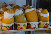 Lemon sorbetto in lemon rinds for sale in Anacapri on the island of Capri, Italy.