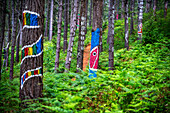 Oma Forest is a work of art by Agustin Ibarrola, a Basque sculptor and painter, in the natural reserve of Urdaibai, Oma, Vizcaya, Basque country Euskadi, Spain