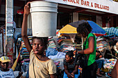 Local market and houses in the historic colonial old town, Jacmel city center, Haiti, West Indies, Caribbean, Central America