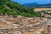 Aerial view of salinas de añana salt flat, Añana, Alava, Araba Basque Country, Euskadi Spain