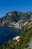 View of the seaside resort town of Positano on the Amalfi Coast in Italy, as viewed from the south.