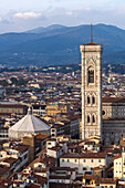 View of the Duomo Campanile & Baptistery of St. John from the Palazzo Vecchio tower in Florence, Italy.