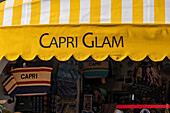 Awning on a tourist souvenir shop in Anacapri on the island of Capri, Italy.