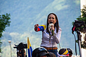 The leader of the opposition Maria Corina Machado, appears at the rally of the opposition called by her, in the streets of Caracas.