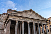 Detail of the facade of the Pantheon in the Piazza della Rotunda in Rome, Italy.