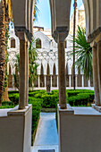 The arches and colonnades of the Paradise Cloisters of the Amalfi Duomo, Amalfi, Italy.