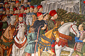 Fresco of the journey of the Magi to Bethlehem in the Magi Chapel in the Palazzo Medici Riccardi in Florence, Italy. Members of the de' Medici family are depicted in the painting.