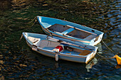 Two small rowboats moored in the harbor in Riomaggiore, Cinque Terre, Italy.