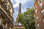 Eiffel Tower seen from Rue de l´Universite, Paris, Île-de-France, France