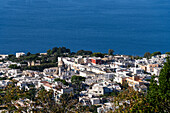 A view of the Tyrrhenian Sea and the town of Anacapri on the island of Capri, Italy.