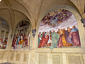 Frescos in the Voti Cloister of the Basilica della Santissima Annunziata in Florence, Italy. Painted by Andrea del Sarto between 1509 and 1514.