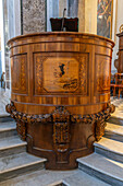 The pulpit of the Basilica of Sant'Antonino, Sorrento, Italy. Decorated with intarsia or inlaid wood.