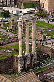 Ruins of the Temple of Castor and Pollux in the Roman Forum, Colosseum Archeological Park in Rome, Italy.