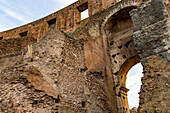 Detail of the stonework inside the Roman Colosseum or Flavian Amphitheater in Rome, Italy.