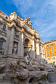 The Trevi Fountain on the rear of the Palazzo Poli in the Piazza di Trevi in Rome, Italy. The fountain is undergoing restoration in this image.