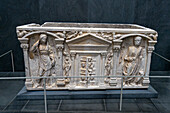 A 2nd Century Roman sarcophagus with Mercury guarding the Gates of Hades. Duomo Museum, Florence, Italy.