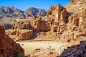 An aerial view looking down at the tombs into the Lost City of Petra, Jordan.