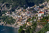 View of the seaside resort town of Positano on the Amalfi Coast in Italy, as viewed from the south.