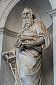 Statue of St. Paul on the portico of the Basilica of St. Paul Outside the Walls, Rome, Italy.