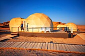 Mazayen Rum Camp bubble tents dome like hotel rooms in the style of Ridley Scott's The Martian film clustered together at SunCity camp in Wadi Rum National Park, Jordan