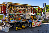 A roadside vendor's van parked by the Amalfi Coast road near Positano, Italy.