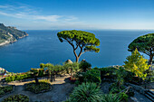 View of the Gulf of Salerno from the Rufolo gardens in Ravello on the Amalfi Coast of Italy.