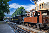 Alter Dampfzugwagen von Azpeitia im Baskischen Eisenbahnmuseum, einem der bedeutendsten seiner Art in Europa. Eisenbahngeschichte von Euskadi in Azpeitia, Gipuzkoa, Euskadi, Baskenland, Spanien.