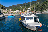 A fishing boat in the harbor of Monterosso al Mare, Cinque Terre, Italy.