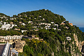 The town of Capri on the cliffs above the Tyrrhenian Sea on the island of Capri, Italy.