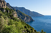 The Amalfi Coast in italy with the town of Praiano on the Gulf of Salerno in the distance.