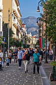 People on the Corso Italia, a pedestrian street in the historic center of Sorrento, Italy.