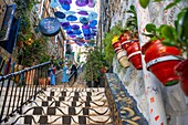 Umbrella street. Zajal restaurant Al Balad Steps, off Prince Muhammad Street, Al Rjoum, Amman, Jordan, Middle East.