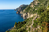 The Amalfi Coast in italy on the Gulf of Salerno with the Scoglia Vetara rock at left.