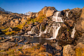 Waterfall in the flower valley in Tasiilaq, also known as Ammassalik, East Greenland, Greenland