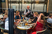 The famous Cafe de flore cafe restaurant, on the Boulevard Saint-Germain in the 6th arrondissement of Paris (Left Bank), France