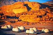 Mazayen Rum Camp bubble tents dome like hotel rooms in the style of Ridley Scott's The Martian film clustered together at SunCity camp in Wadi Rum National Park, Jordan